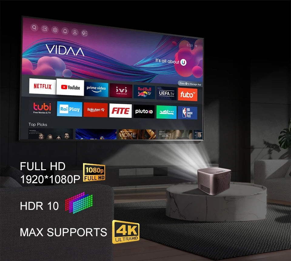 Ultra HD Projector with 4K and 8K Support, 1000 ANSI Lumens, Android 9.0, Wireless Screen Sharing - NARA SPACE