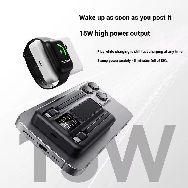 Mini Magnetic Power Bank 10000mAh | 15W Wireless Fast Charging with Built-in Cable, LED Display & Phone Stand - (BLACK) - NARA SPACE