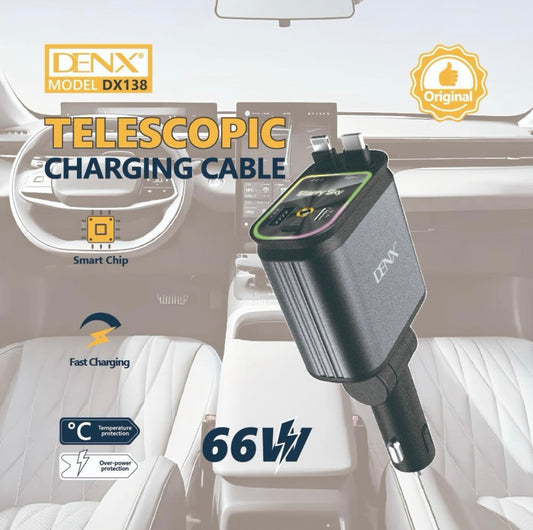 Denx 66W Fast Car Charger with Built-in Cables & Digital Display - NARA SPACE