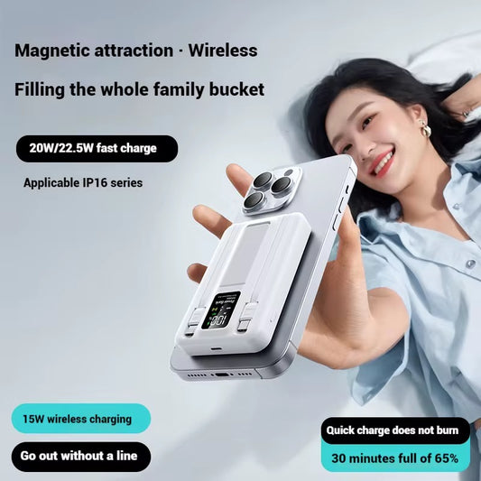Mini Magnetic Power Bank 10000mAh | 15W Wireless Fast Charging with Built-in Cable, LED Display & Phone Stand - (BLACK) - NARA SPACE