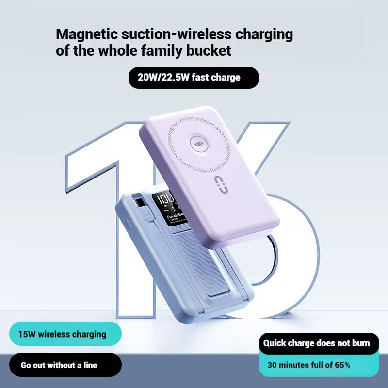 Mini Magnetic Power Bank 10000mAh | 15W Wireless Fast Charging with Built-in Cable, LED Display & Phone Stand - (BLACK) - NARA SPACE