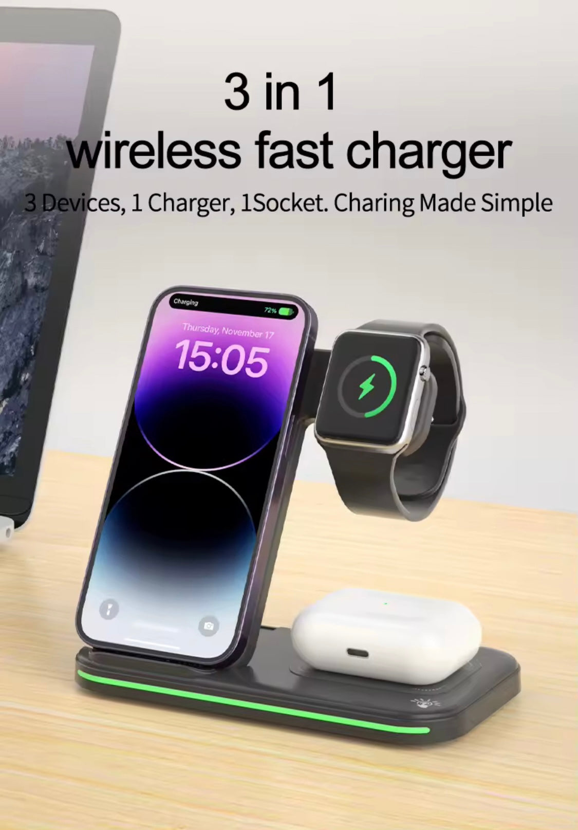 Foldable 15W Wireless Charger – 3-in-1 Charging Station - NARA SPACE