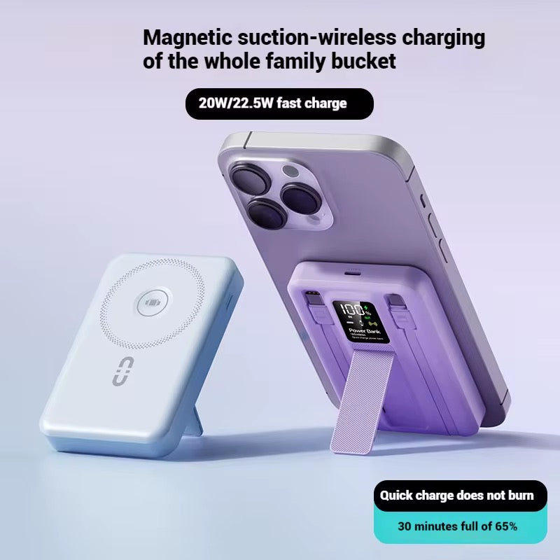 Mini Magnetic Power Bank 10000mAh | 15W Wireless Fast Charging with Built-in Cable, LED Display & Phone Stand - (BLACK) - NARA SPACE