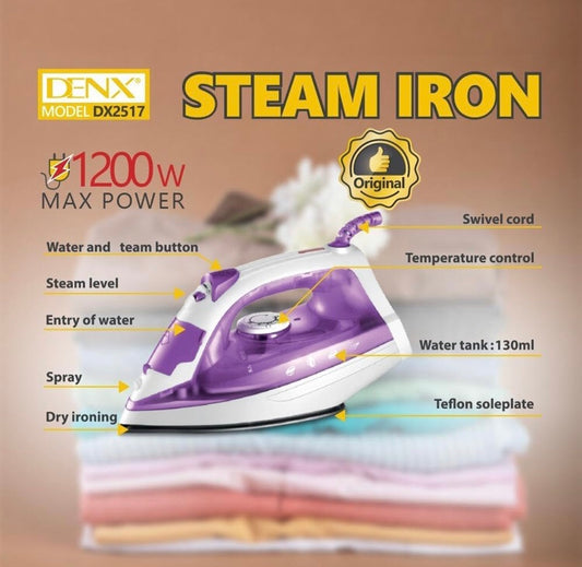DENX 1200W Max Power Steam Iron – Perfect for Wrinkle-Free Clothes & Fabrics (Purple) | 1 Year Warranty - NARA SPACE