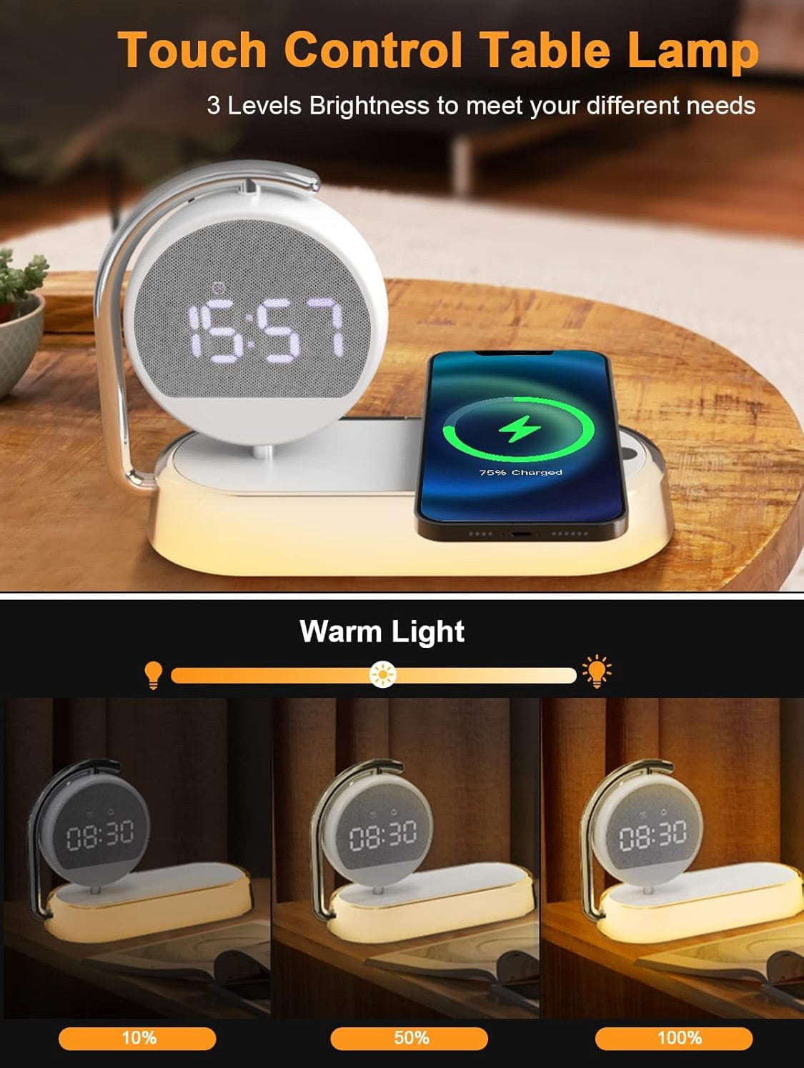 3-in-1 Night Light Alarm Clock with 15W Wireless Charger & Dimmable Touch Lamp - NARA SPACE
