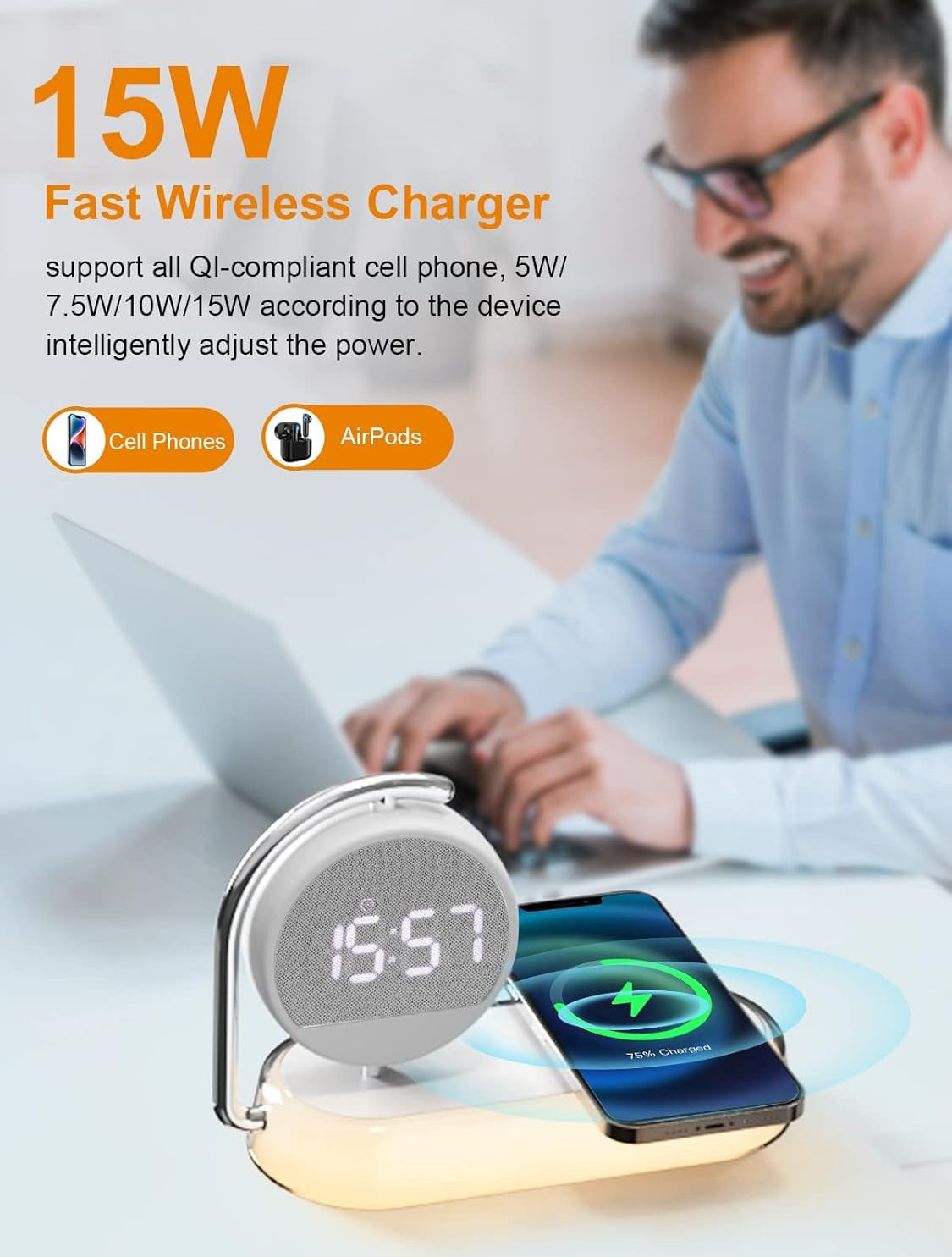 3-in-1 Night Light Alarm Clock with 15W Wireless Charger & Dimmable Touch Lamp - NARA SPACE