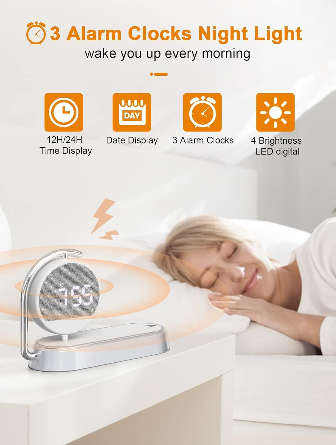 3-in-1 Night Light Alarm Clock with 15W Wireless Charger & Dimmable Touch Lamp - NARA SPACE