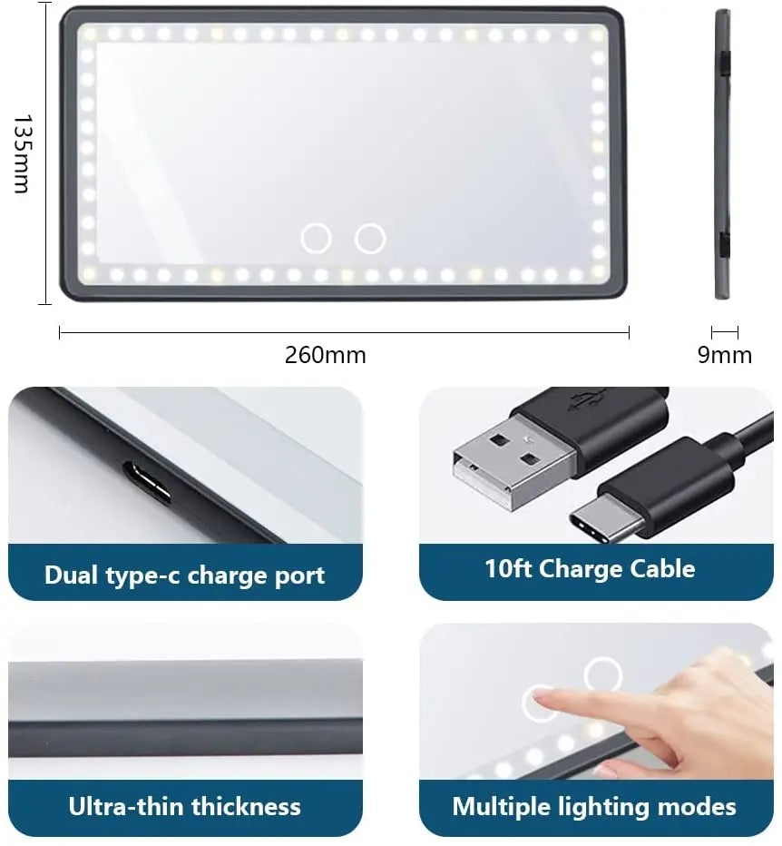 LED Car Makeup Mirror with Adjustable Brightness & Touchscreen – Universal Fit - NARA SPACE