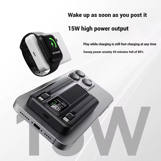 Mini Magnetic Power Bank 10000mAh | 15W Wireless Fast Charging with Built-in Cable, LED Display & Phone Stand - (BLACK) - NARA SPACE